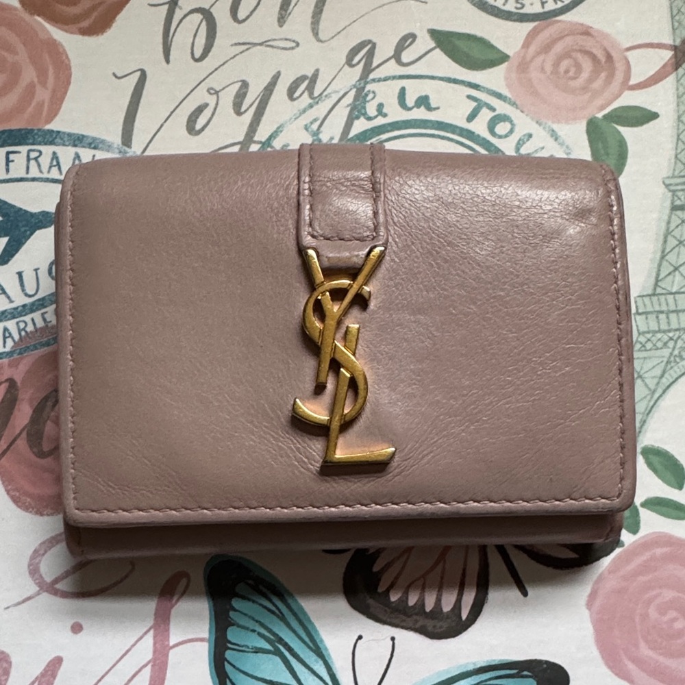 Yves Saint Laurent Pink Beige Leather Mini Purse Trifold Wallet Gold Logo Auth